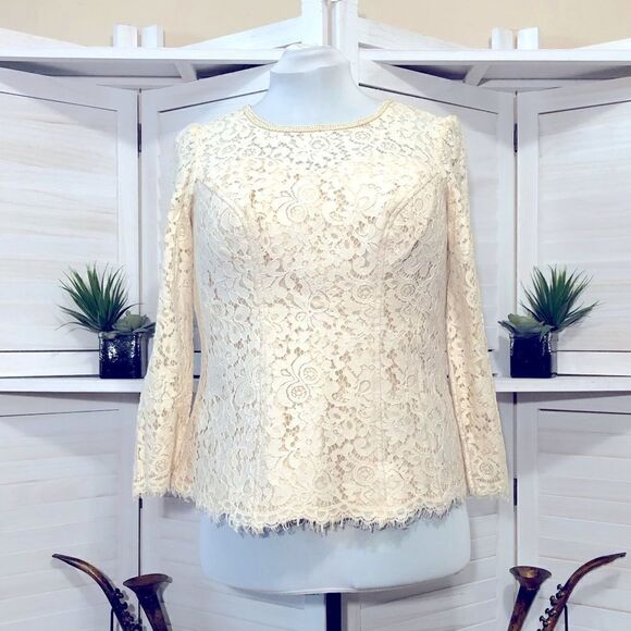 Vintage Tops - Vintage 60s 70s Cream Lace Floral Pearl Blouse XL